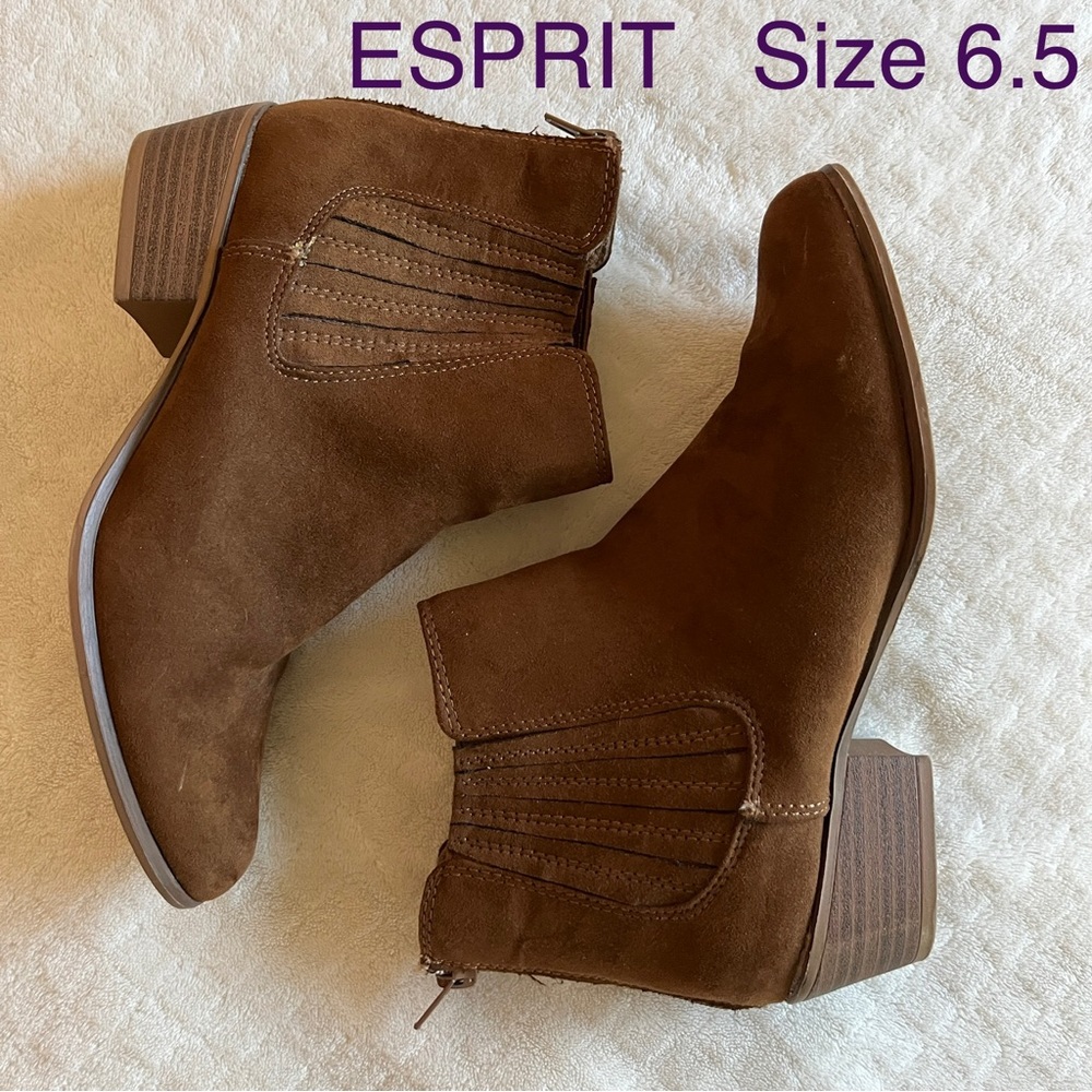 NWT Esprit Trissa Cognac Faux Suede Pleated Chelsea Ankle Boots Back Zip 6.5